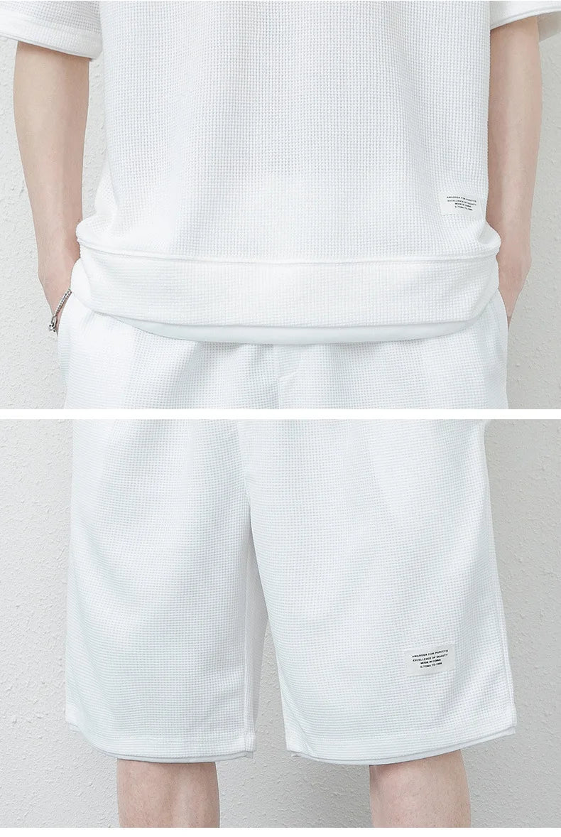 Summer Solid Waffle Tracksuits 2026 Men's Short Sleeve Shorts Casual Two Piece Sets Loose Breathable Men Clothes Joggers Outfits