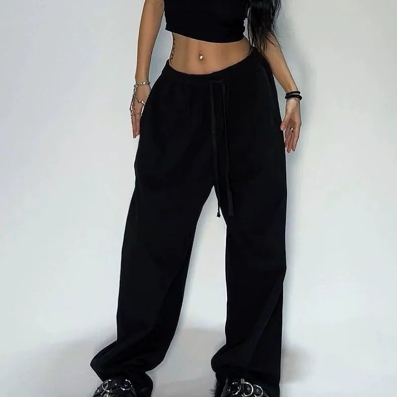 Women Drawstring Elastic Waist Wide Leg Sweatpants Solid Color Loose Baggy Jazz Dance Streetwear Casual Daily Jogger Pants