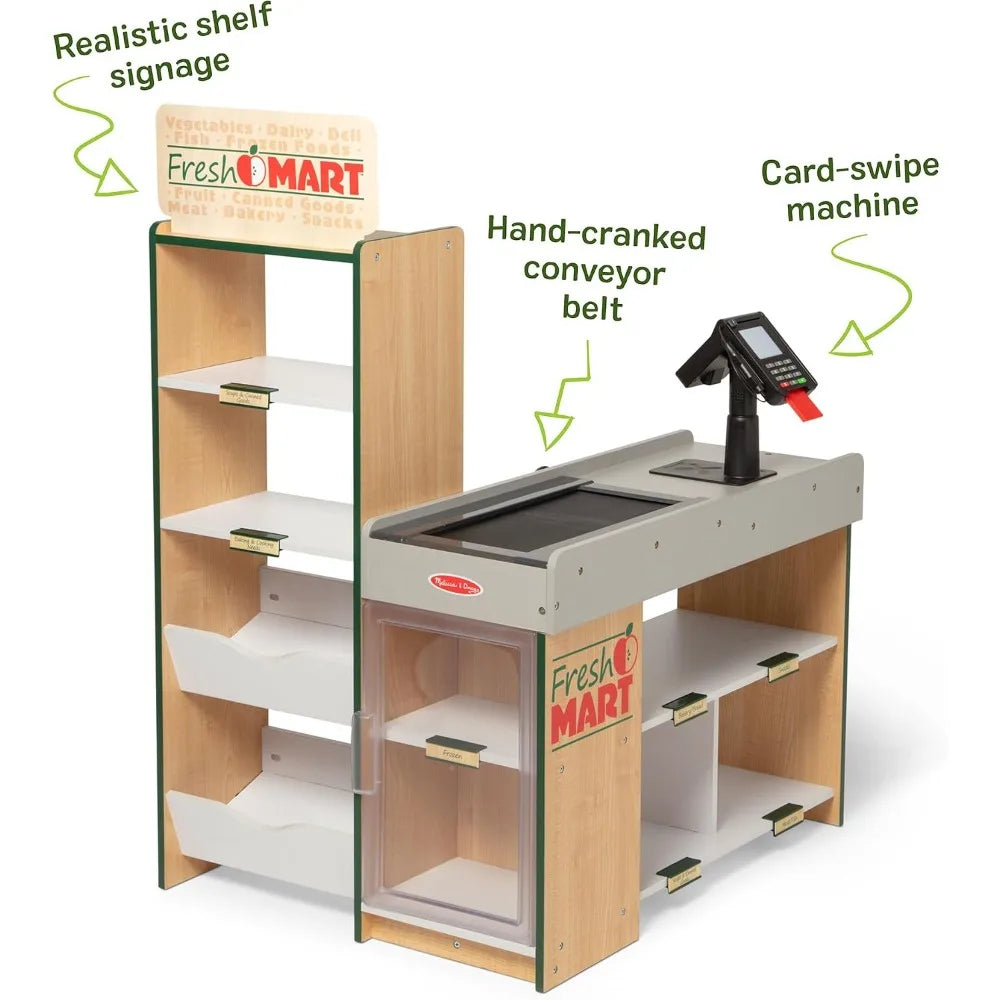 Best Selling Pretend Grocery Store Kids Cash Register with Scanner Shelves and Conveyor Belt Toy for Girls and Boys