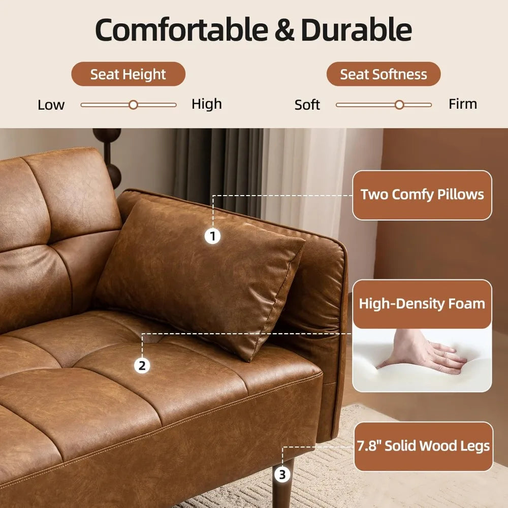 85 Inch Faux Leather Futon Sofa Bed Convertible Sleeper with Storage Adjustable Armrests Mid Century Modern Loveseat