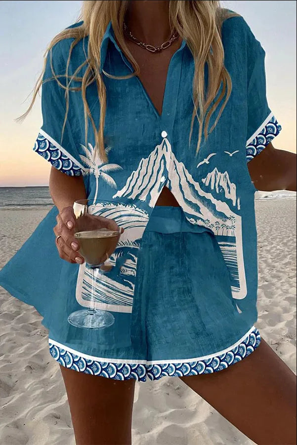 Fashion Print Beach Holiday 2-Piece Set Women Summer Short Sleeve Shirt Top + Wide Legs Short Women's Oversized Two-Piece Outfit
