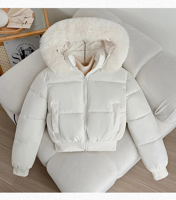 Women's Short Thickened Winter Cotton Jacket Quilted Coat Fur Collar American Retro Style Warm Casual Fashion Regular Fit