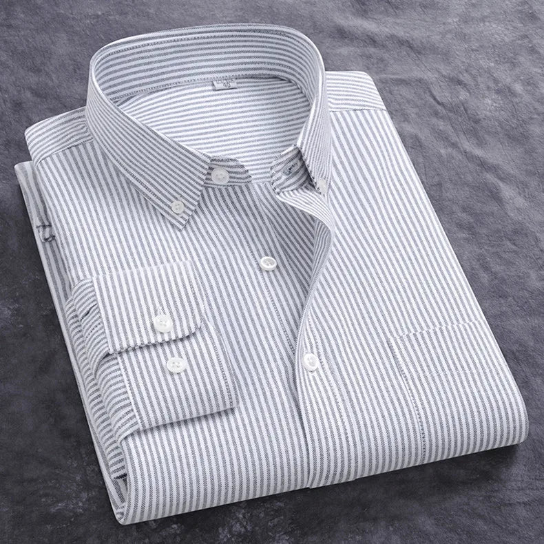 Newly Design Shirts For Men Spring Fall Long Sleeve Solid Color Oxford 100% Cotton Smart Casual Business Stripe Plaid White 5XL