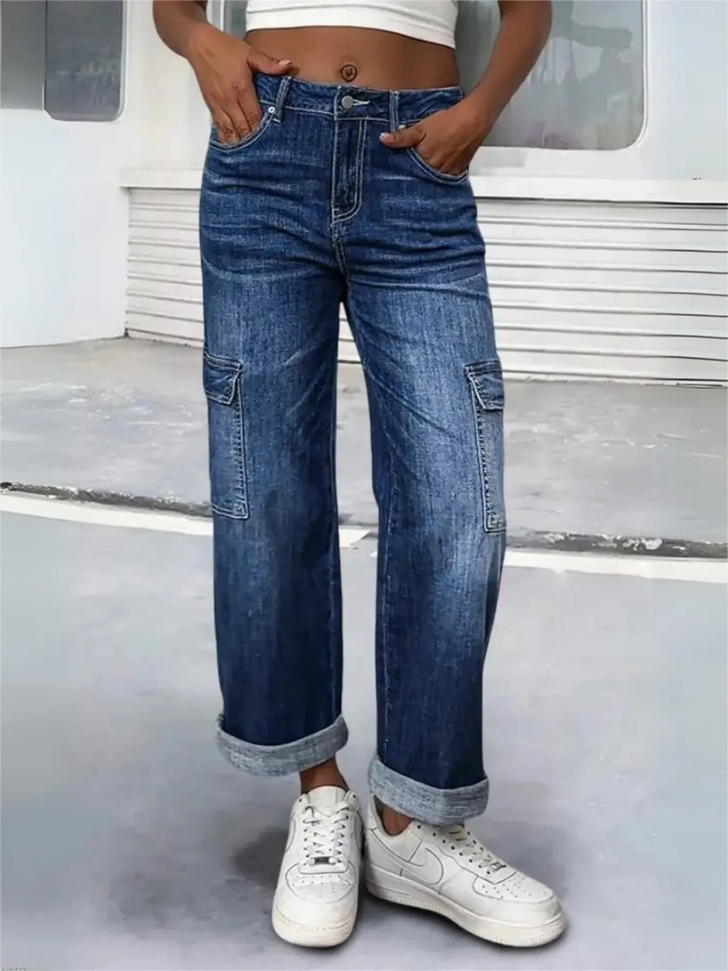 【HME】Jeans | Women Cargo Denim Pants With Side Flap Pockets, Mid‑High Waist Rolled Hem Wide Leg Denim Jeans, Dark Vintage Washed Relaxed Fit Pants For Street Daily Casual Wear