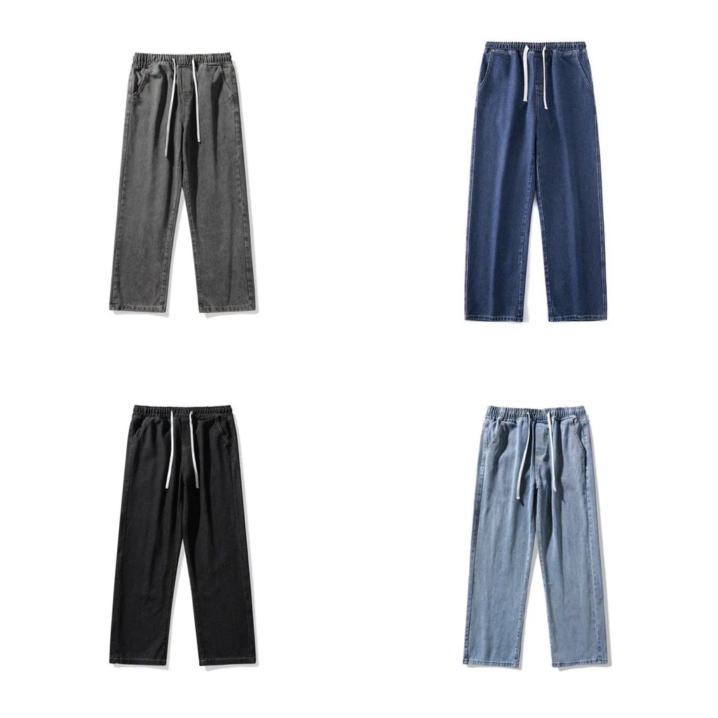 2025 New Korean Men's Casual Long Jeans Classic Man Straight Denim Wide-leg Pants Solid Color Light Blue Grey Black ﻿