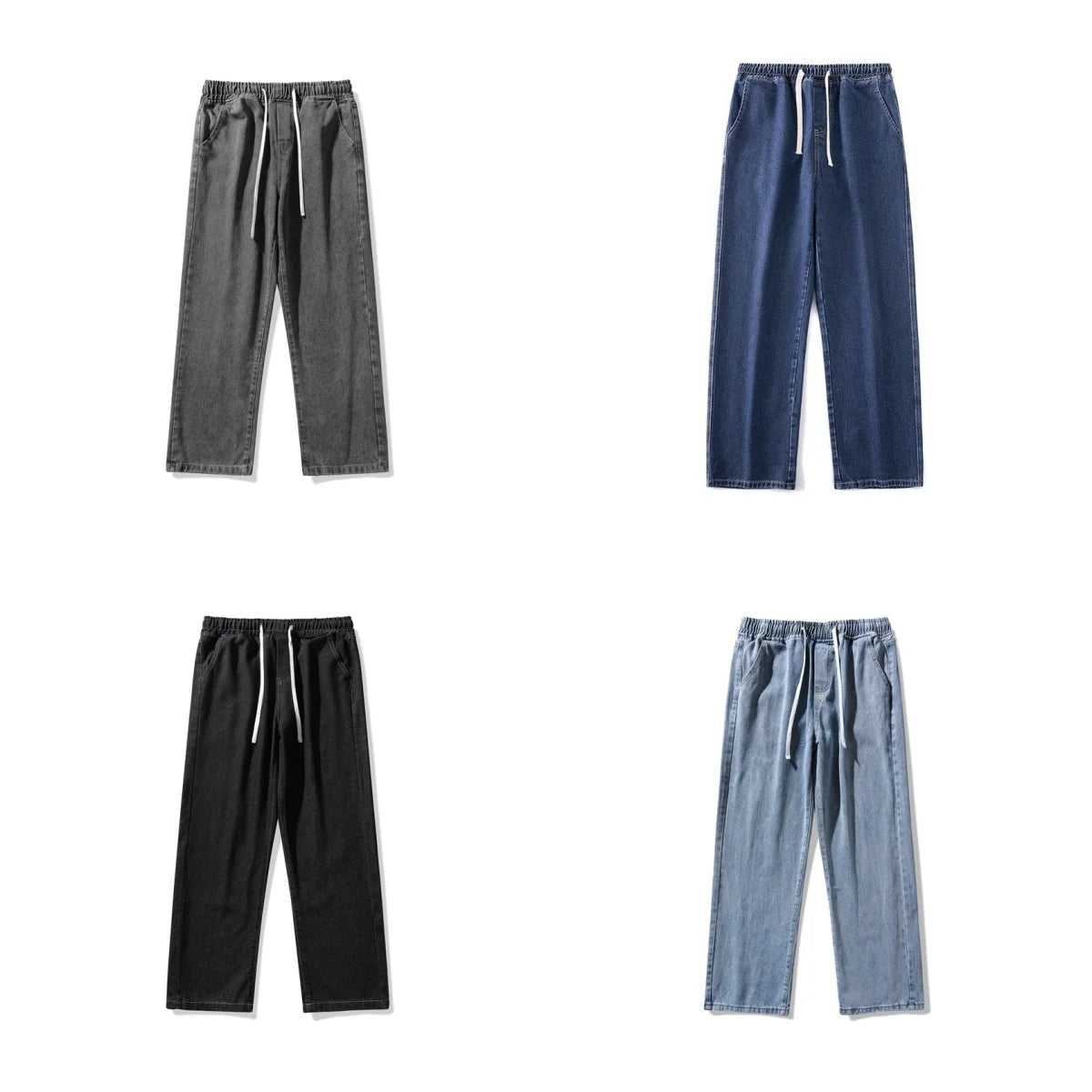 2025 New Korean Men's Casual Long Jeans Classic Man Straight Denim Wide-leg Pants Solid Color Light Blue Grey Black ﻿