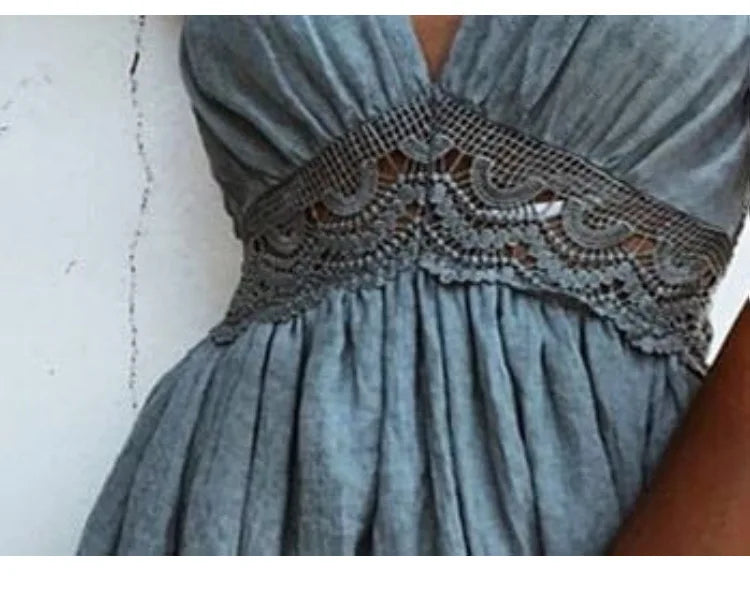 Women's Sexy Backless Lace Spliced Dress Summer V neck Mini Dresses Ladies Fashion Clothes Elegant Evening Dress Drop Shipping