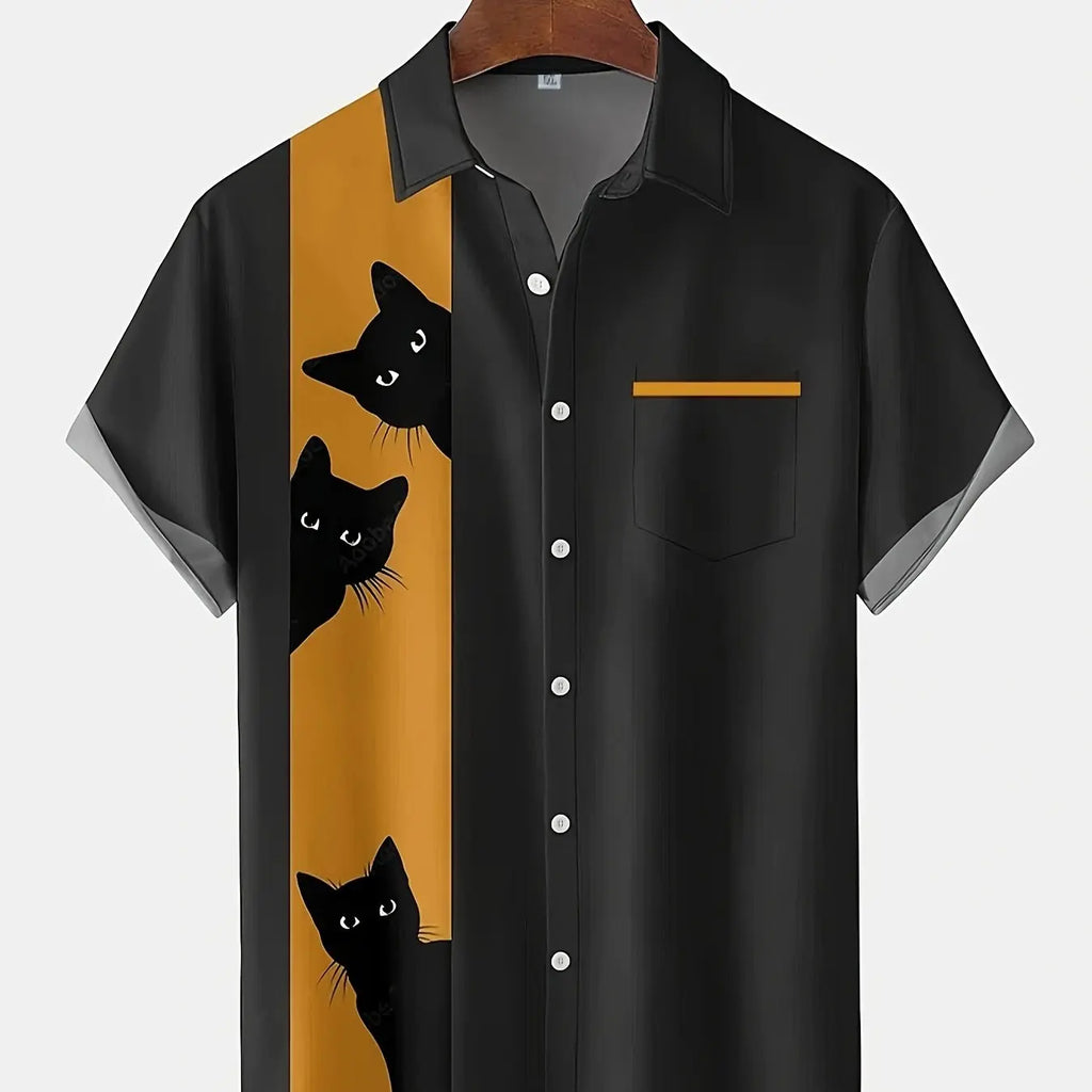 Cat Cartoon Print Shirt] Plus Size 3D Digital Print Cartoon Fun Men's Short Sleeve Button Shirt Fashion Hawaiian Vacation Shirt