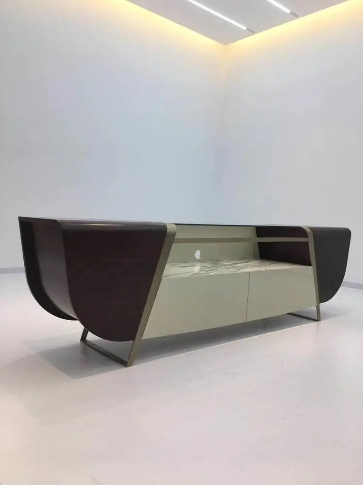 yt-Modern Living Room Walnut Glass Top Stainless Steel Cabinet TV Stand-