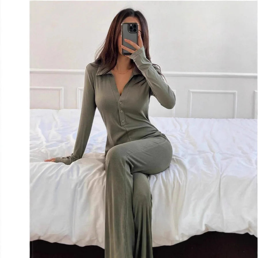 Solid Color Jumpsuits For Woman Slim Jumpsuit Simple Style All-match Long Sleeves Comfortable Homewear Home Clothing Commuting