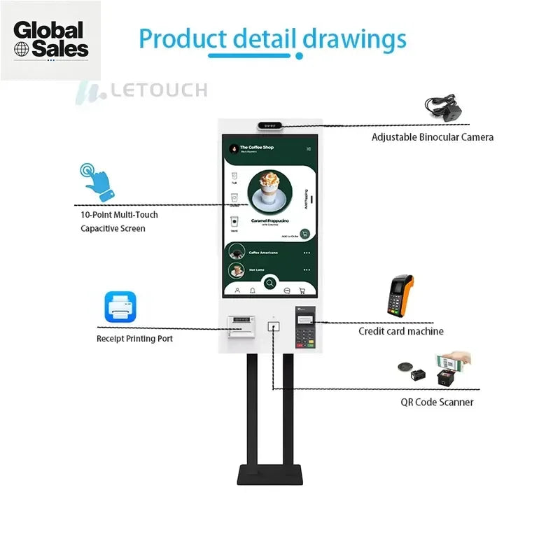 21.5 Inch 32 Inch Touch Screen Self-Service Order Payment Kiosk POS System with Animation for Restaurant and Shopping Mall