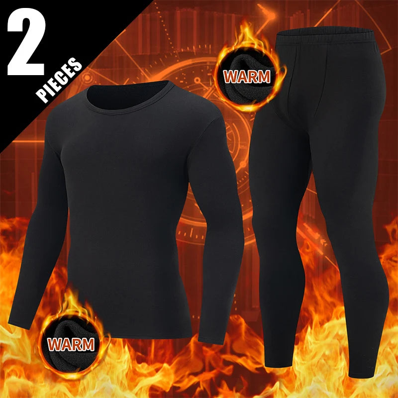 2-piece Men's Autumn/Winter Black Fashionable Versatile Warm Base Set Youth Round Neck Long Sleeved T-shirt Elastic Waisted Pant