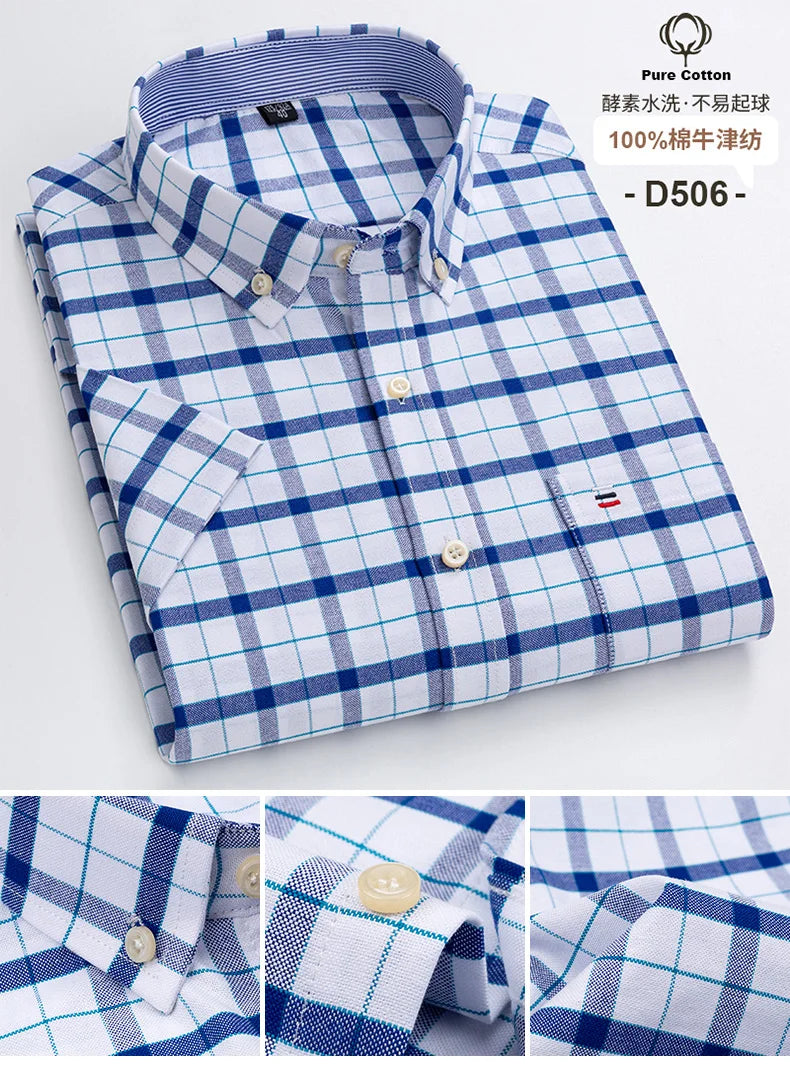 100%Pure Cotton Oxford Men's Shirts Short Sleeve Plaid Soft Regular Fit Formal Dress Shirt Social Blouse Male Clothes 6XL 7XL