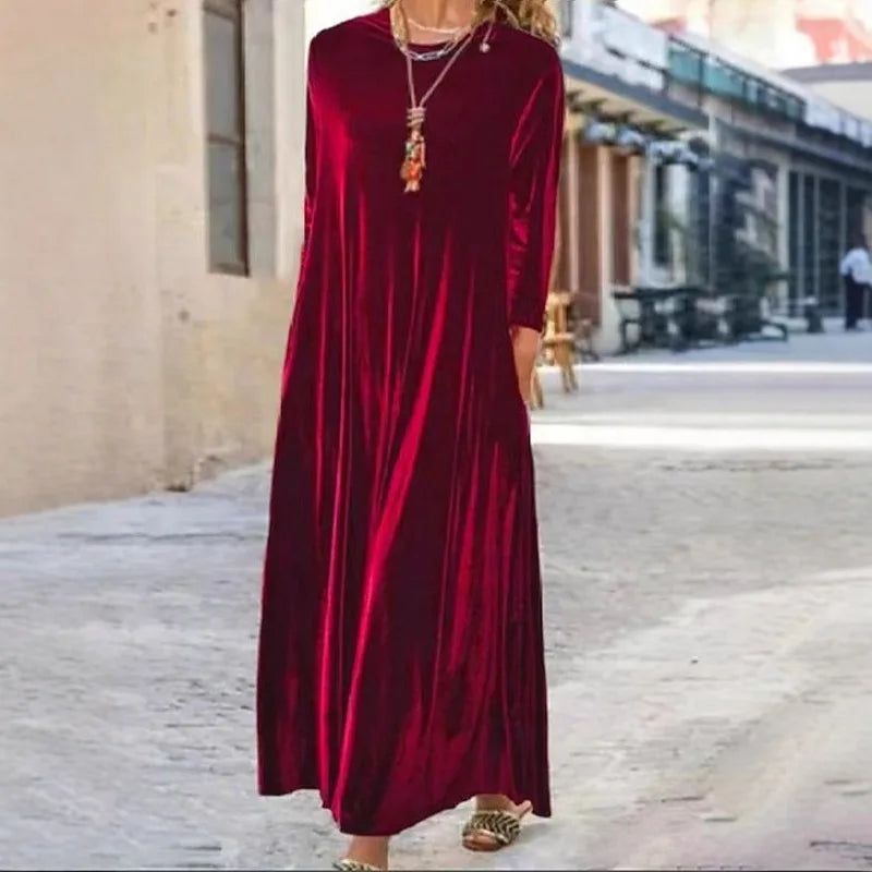 2025 Elegant Long Sleeve Velvet Dress Autumn Spring New Style Puffy Collar Slimming Tummy Covering Mid-Length Sleev Dress