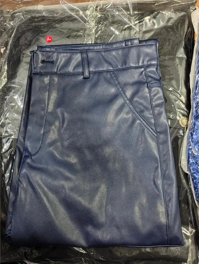 2026 Men's Black Leather Pants, Black Casual Pant, Autumn Fashion Biker PU Pants Loose Comfort Trousers, Khaki Dark Blue 5XL