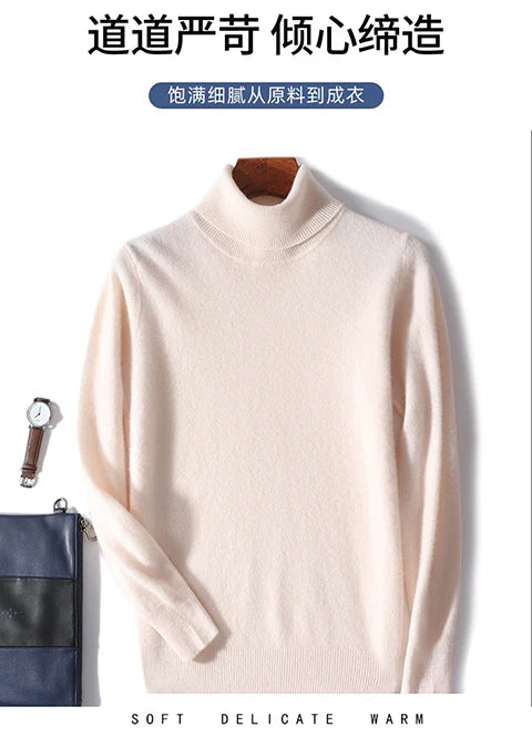 Men Turtleneck Cashmere Pullover 100% Pure Wool Knitwear Sweater Basic Solid Smart Casual Jumper Male Tops Autumn Winter