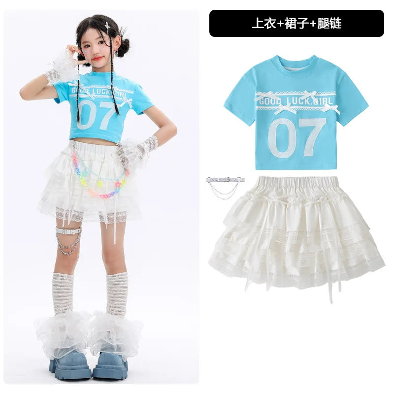 Kid Cute Hip Hop Clothing BLue Crop T Shirt Sleeves White Layered Lace Pleated Mini Skirt for Girls Jazz Dance Costume Clothes
