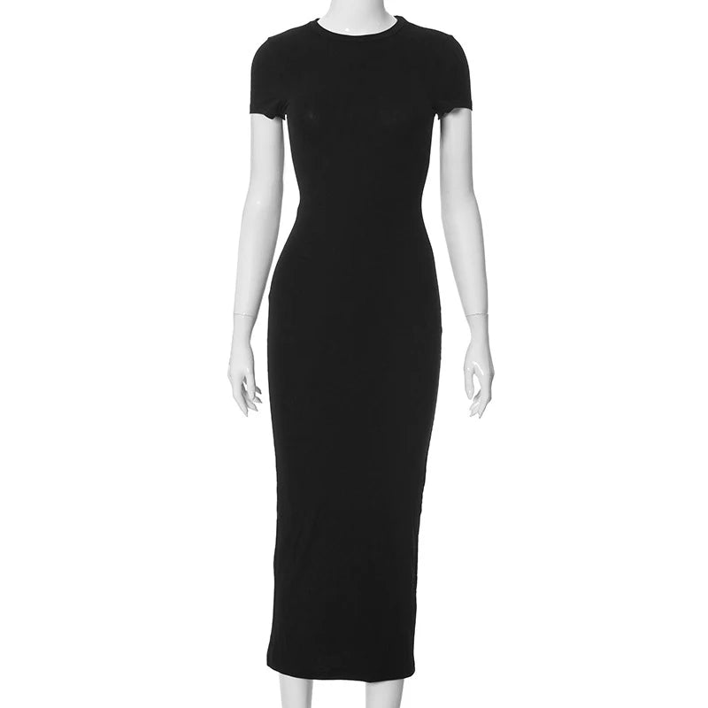 2025 Women Solid Color Slim Short Sleeve Casual Pullover Sumer Long Dress Skinny Sexy Daily Dress
