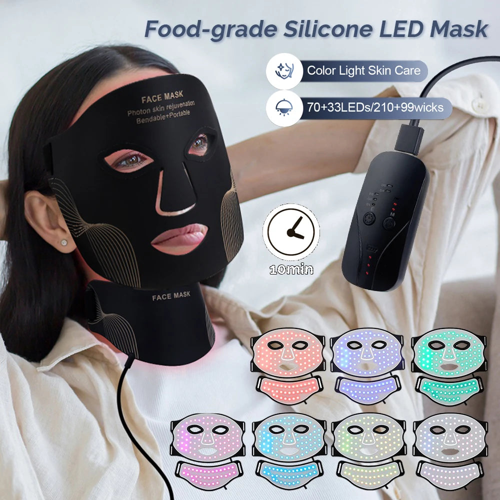 Silicone LED Mask Face And Neck 7 Colors LED Photon Red Light Infrared Therapy Flexible Facial Mask Repair Skin Wireless Use