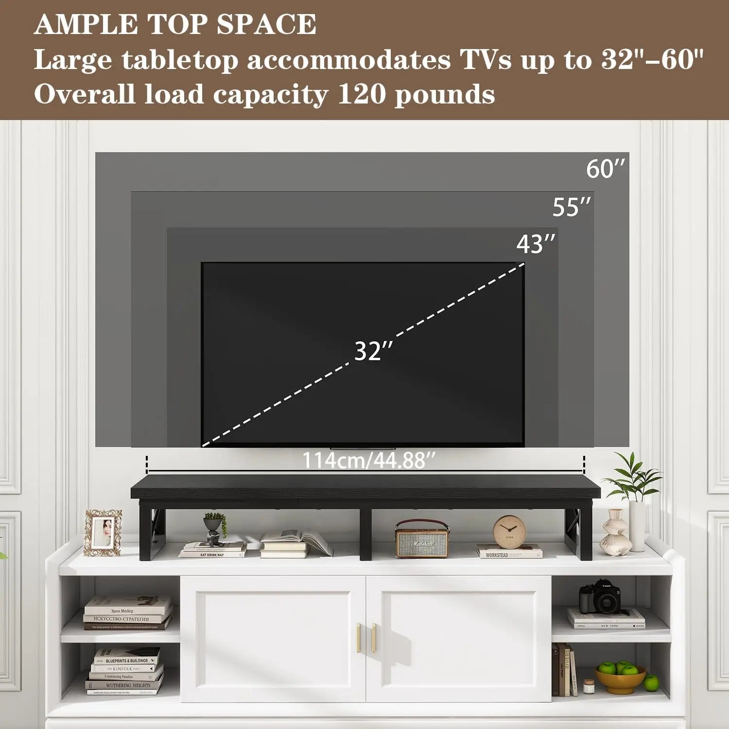 Large TV Stand Riser for 32-60 Inch Screens with Storage Shelves and Steel Legs, Black