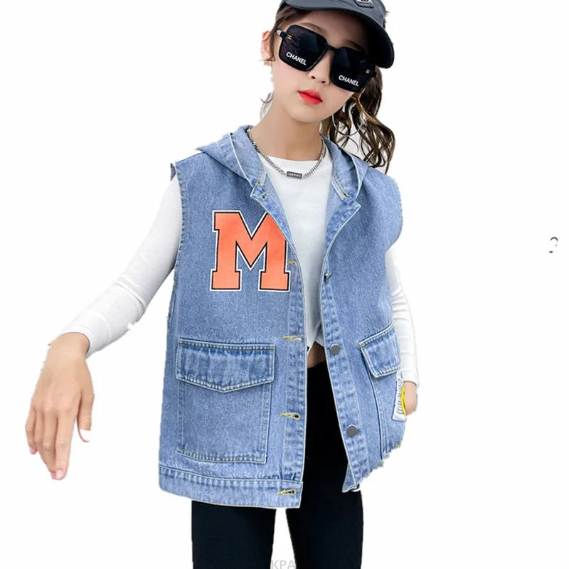 Korean Kids Vintage Hoodies Denim Vest For Girls Casual Streetwear Clothing Teens Child Hooded Denim Waistcoat Jacket Outfits