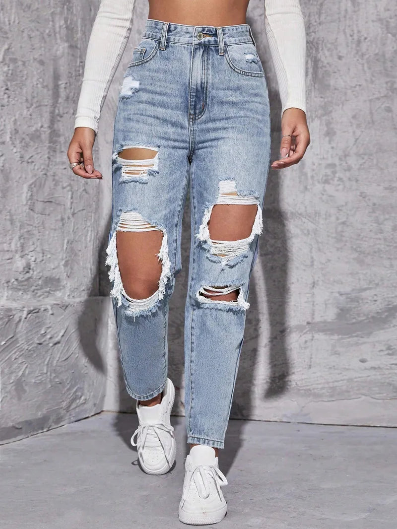 Women's High Waist Ripped Denim Jeans with Distressed Knee Holes and Straight Leg Fit for Casual Streetwear Fashion