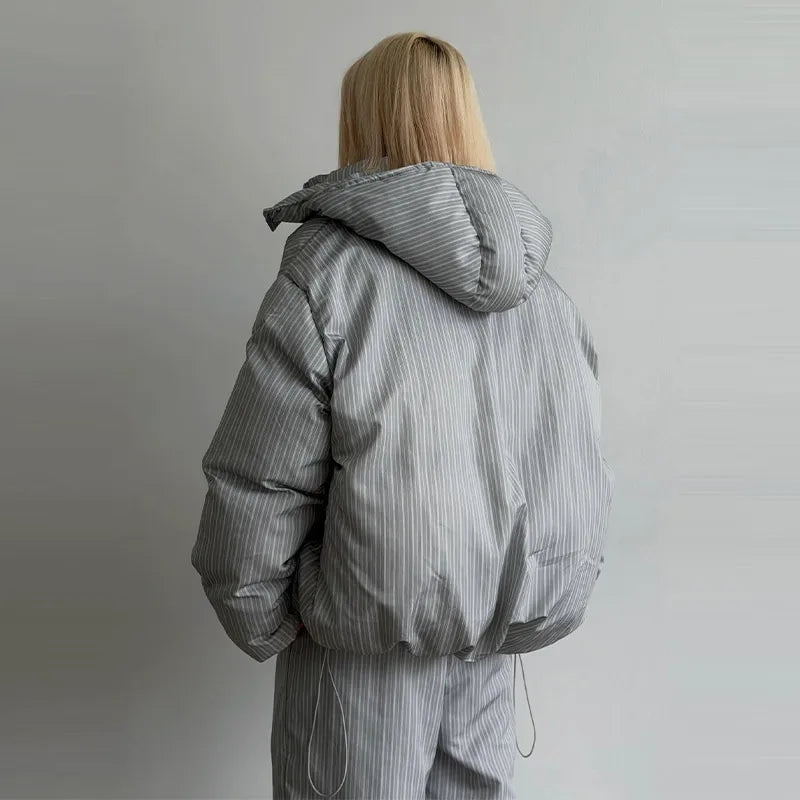 Casual Women's Stripe Set With Hat Full Sleeve Cotton Padded Coat Straight Pants Female Loose Sets 2026 Autumn Winter Lady Suit
