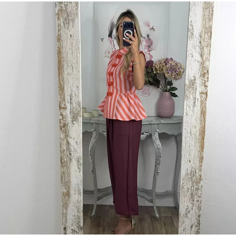 Striped Mandarin Collar Frog Button Ruffle Trim Top Striped Single‑breasted 2026 Summer Women Blouse Versatile Casual Lady Top