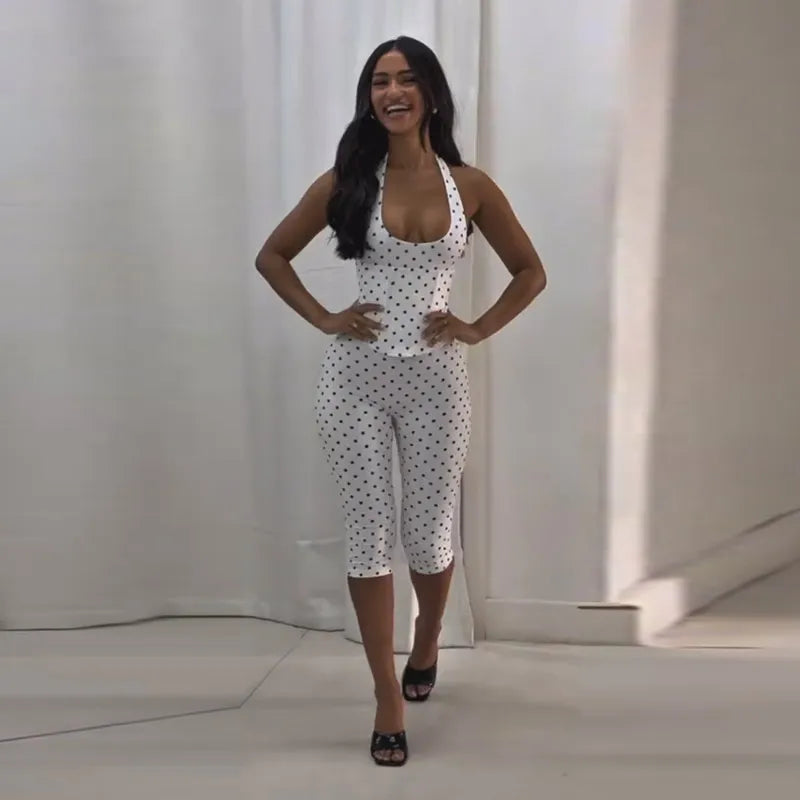 Sexy Polka Dot Two Pieces Pants Set Women Halter Sleeveless Lace Up Corset Top Cropped Pants 2026 Summer New Lady Y2K Outfit
