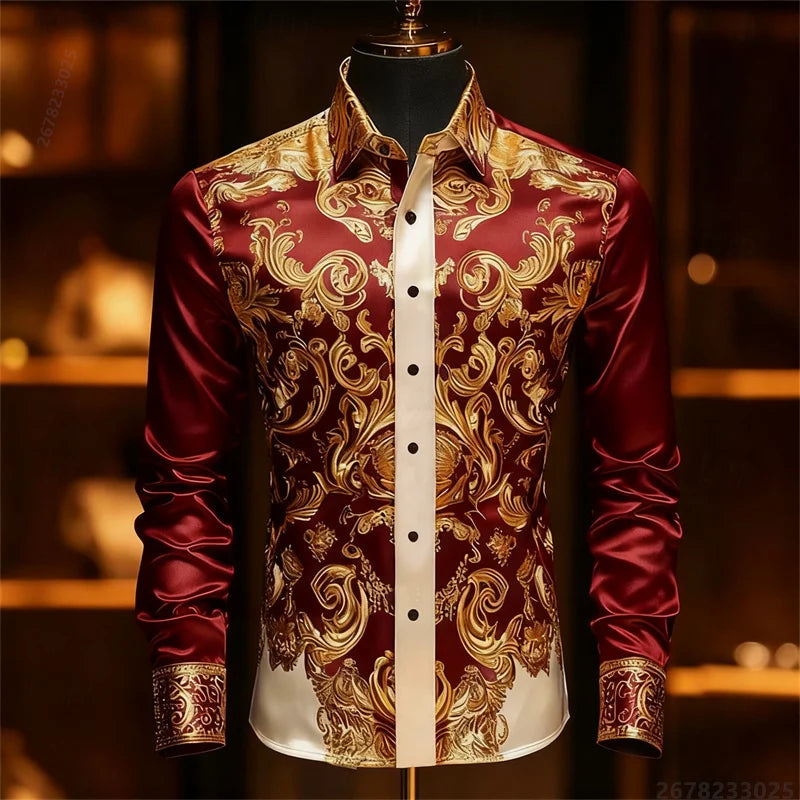 Luxury 3D Printed Long-Sleeve Men's Shirt, Baroque Gold Pattern Slim Fit Dress Shirt, Business Banquet Men's Shirt, Sizes XS-6XL