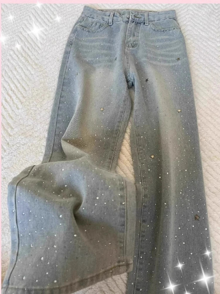 Spring Autumn Women Light-colored Stars Rhinestone Shiny Slim Wide-leg Baggy Jeans Fashion Joker Straight Pants Female Clothing