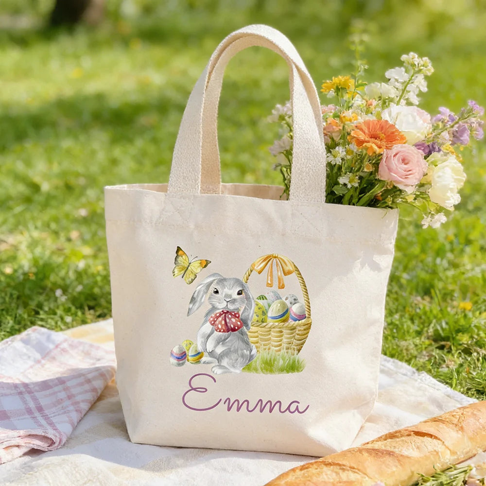 Personalised Cute Bunny Mini Easter Tote Bag with Name Spring Egg Hunt Game Basket for Girls or Boys Easter Hunting Squad Supply
