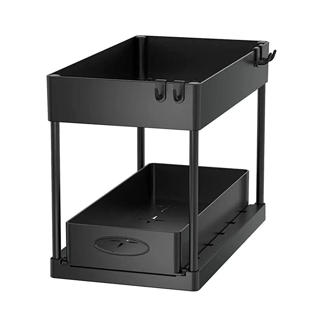 Kitchen Bathroom Under Sink Organizer 2-Tier Sliding Storage Basket Multipurpose Shelf with Hanging Cup and Hook Accessories