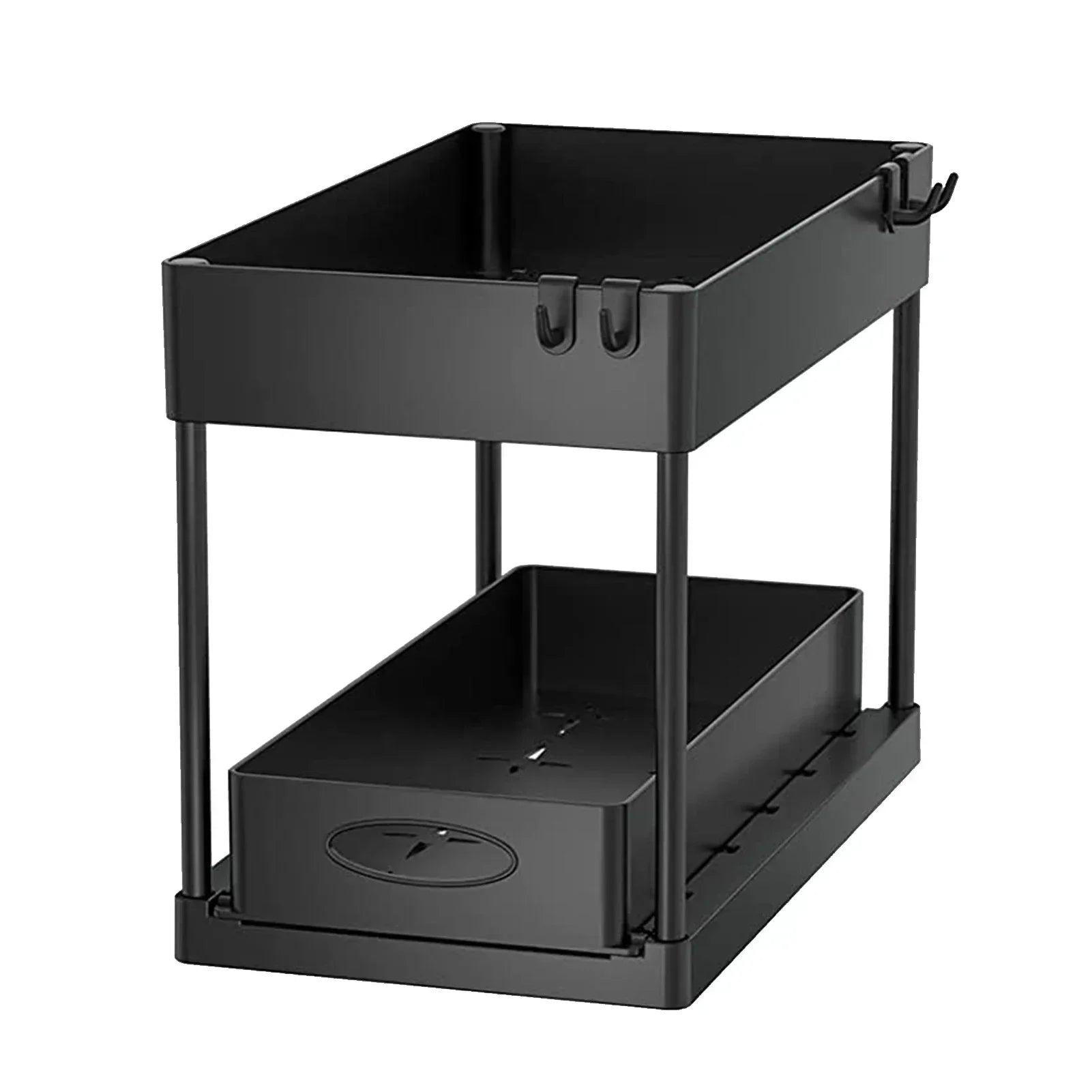 Kitchen Bathroom Under Sink Organizer 2-Tier Sliding Storage Basket Multipurpose Shelf with Hanging Cup and Hook Accessories