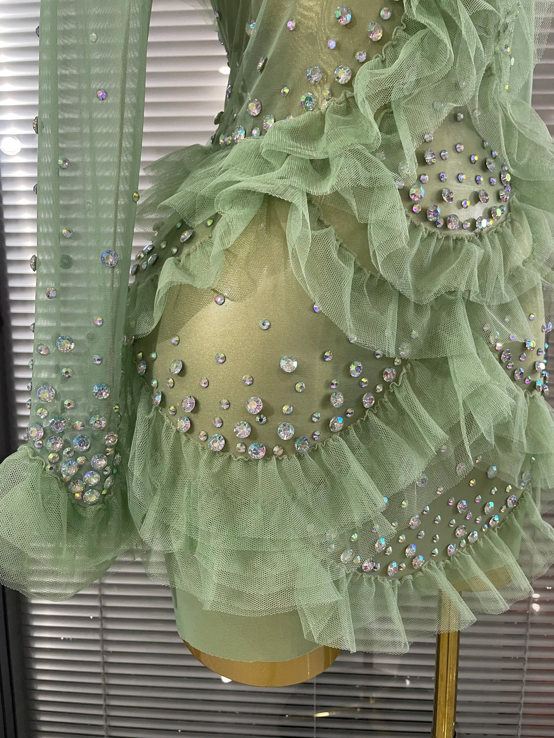 Sparkly Rhinestone Women Sexy Ruffled Long Sleeves Mesh See Through Mini Dress Eveing Party Birthday Dance Nightclub Stage Wear