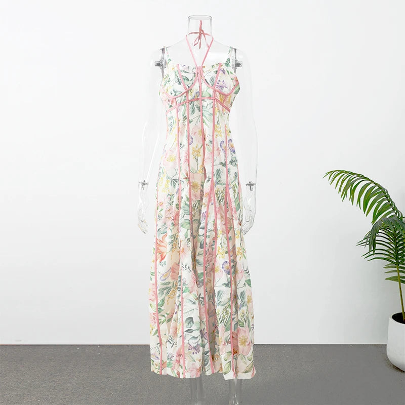 Elegant Floral Print Halter Dress Women Sleeveless Waist-closed A-line Dresses 2026 Spring Summer Fashion Female Vacation Robe