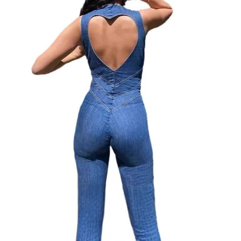 Fashion Denim Jumpsuit Women's Sexy New Tank Slim Sleeveless High Waist Hollow Zipper Backless Love Jumpsuits Streetwear Women