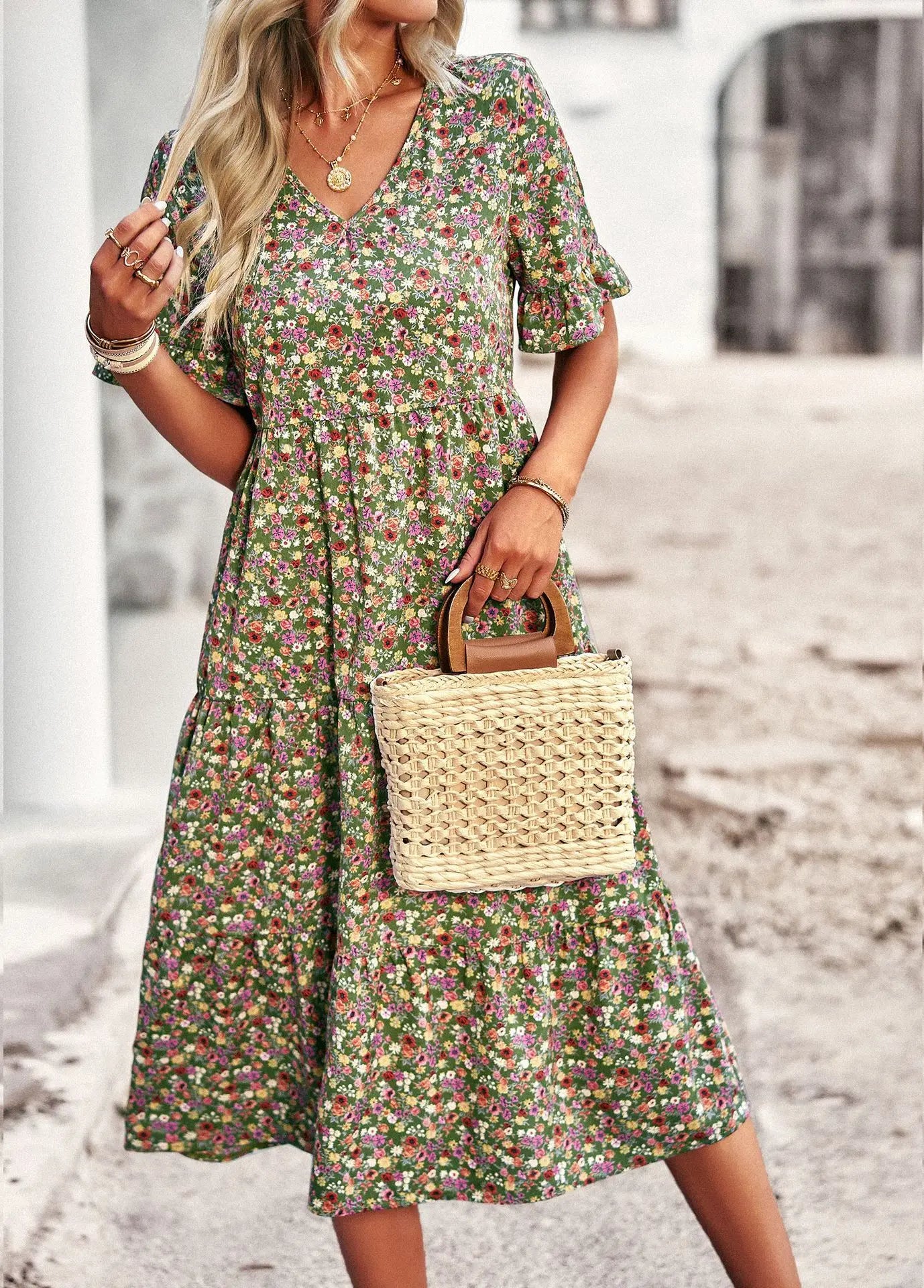 Msfilia Fashion V Neck Elegant Printed Dress Women Summer Short Sleeve High Waist A Line Floral Holiday Dresses
