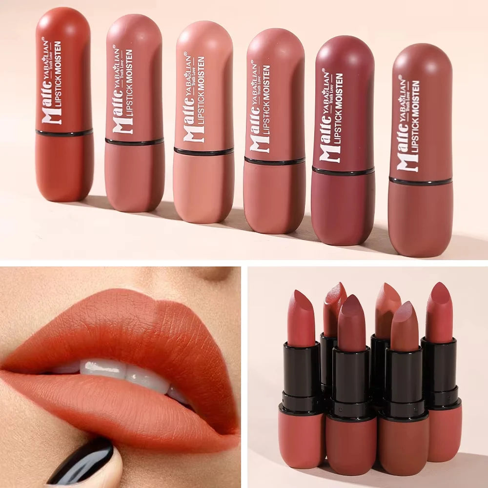 YABAOLIAN Matte Moist Lipstick Velvet Nude Lip Stick Long Lasting Waterproof High Pigment Non Dry 6 Shades Daily Makeup