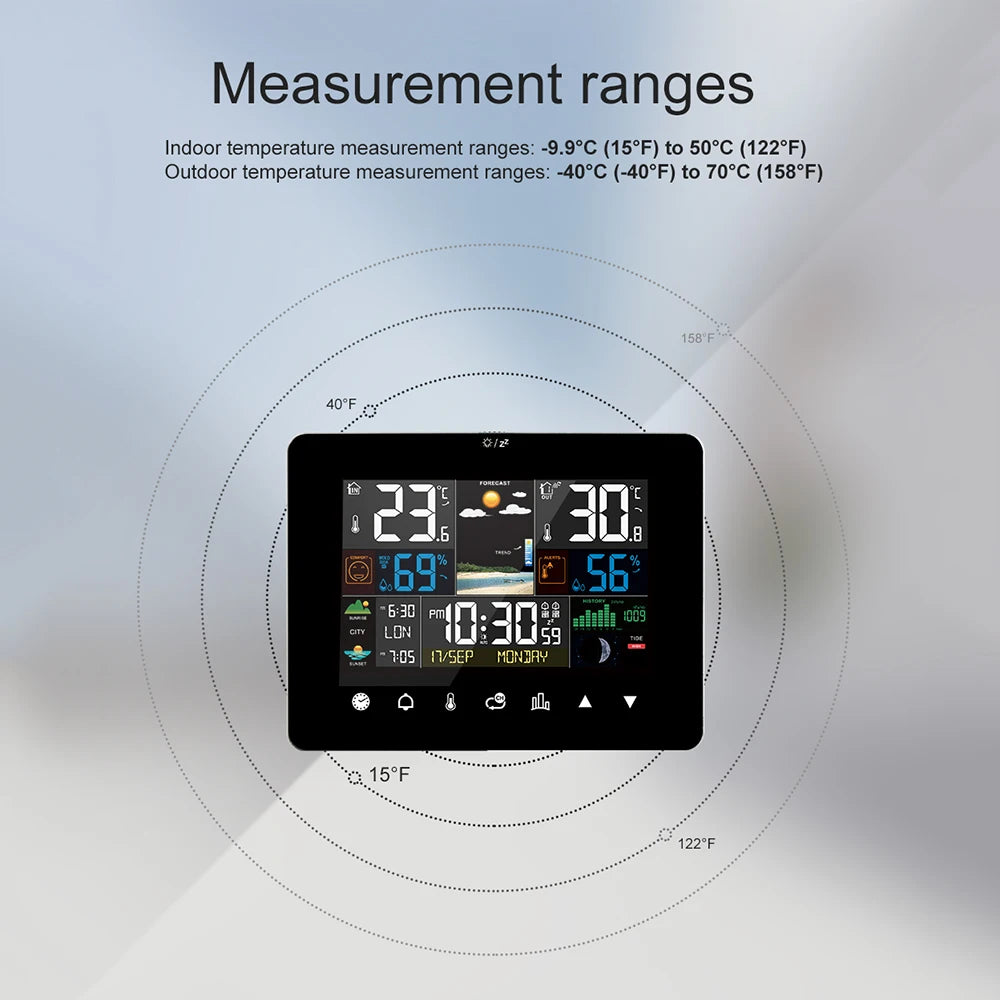 Multifunctional Weather Station Alarm Clock Touch Screen Thermometer Hygrometer Wireless Sensor Sunrise Sunset Hygrothermograph