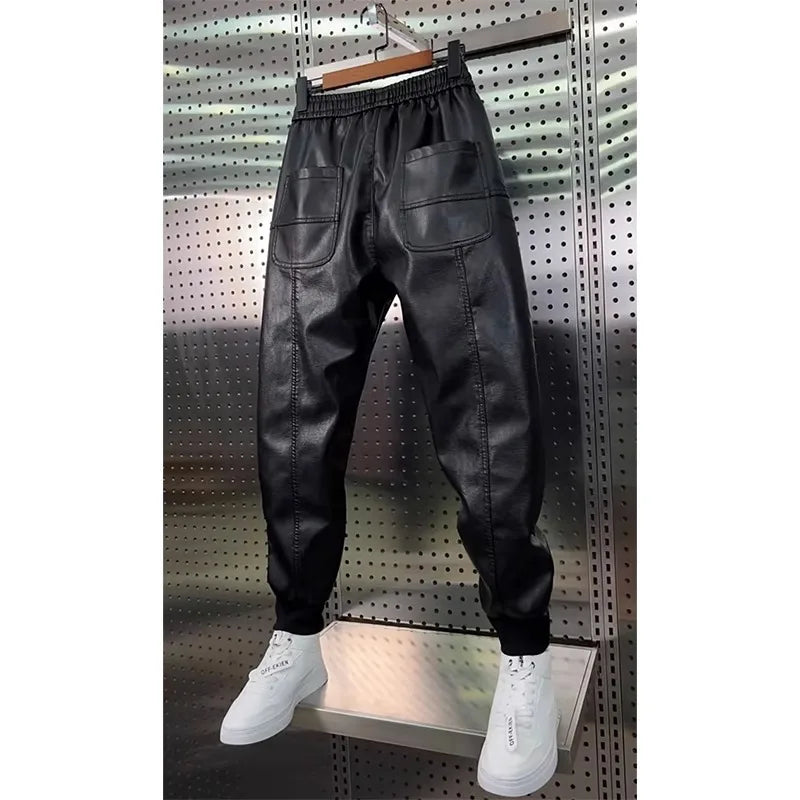Leather Pants Men's Hip Hop Harem Loose Trousers Outdoor Jogger Sweatpants Luxury Elastic Waist Waterproof  Men's Pants