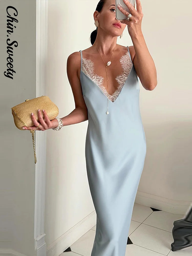 Elegant Lace Patchwork Women's Dress V-Neck Slip Top Sleeveless Lady Long Dresses 2026 Spring Summer Female Vacation Robe