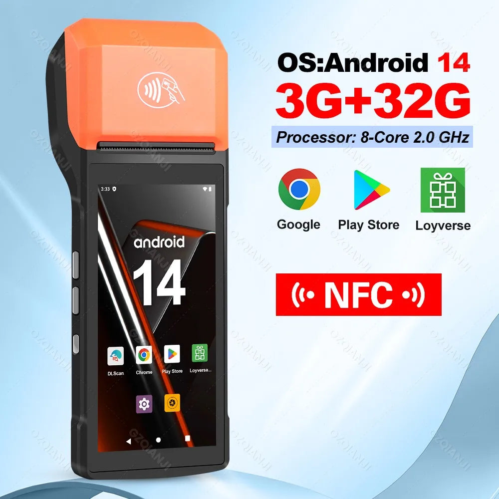 Intelligent Mobile Handheld PDA Terminal Receipt Printer 5.5'' Touch Screen Wireless Connectivity 1D/2D Reader Android 13/14