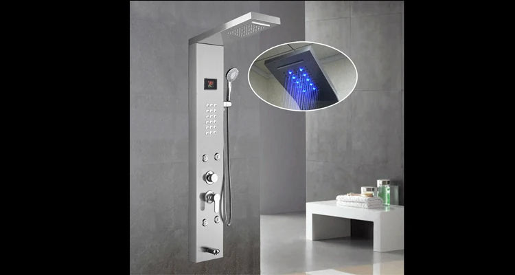 Luxury Black Color Thermostatic Led Rain Shower Head Bathroom Stainless Steel Wall Mounted Waterfall Shower Panels