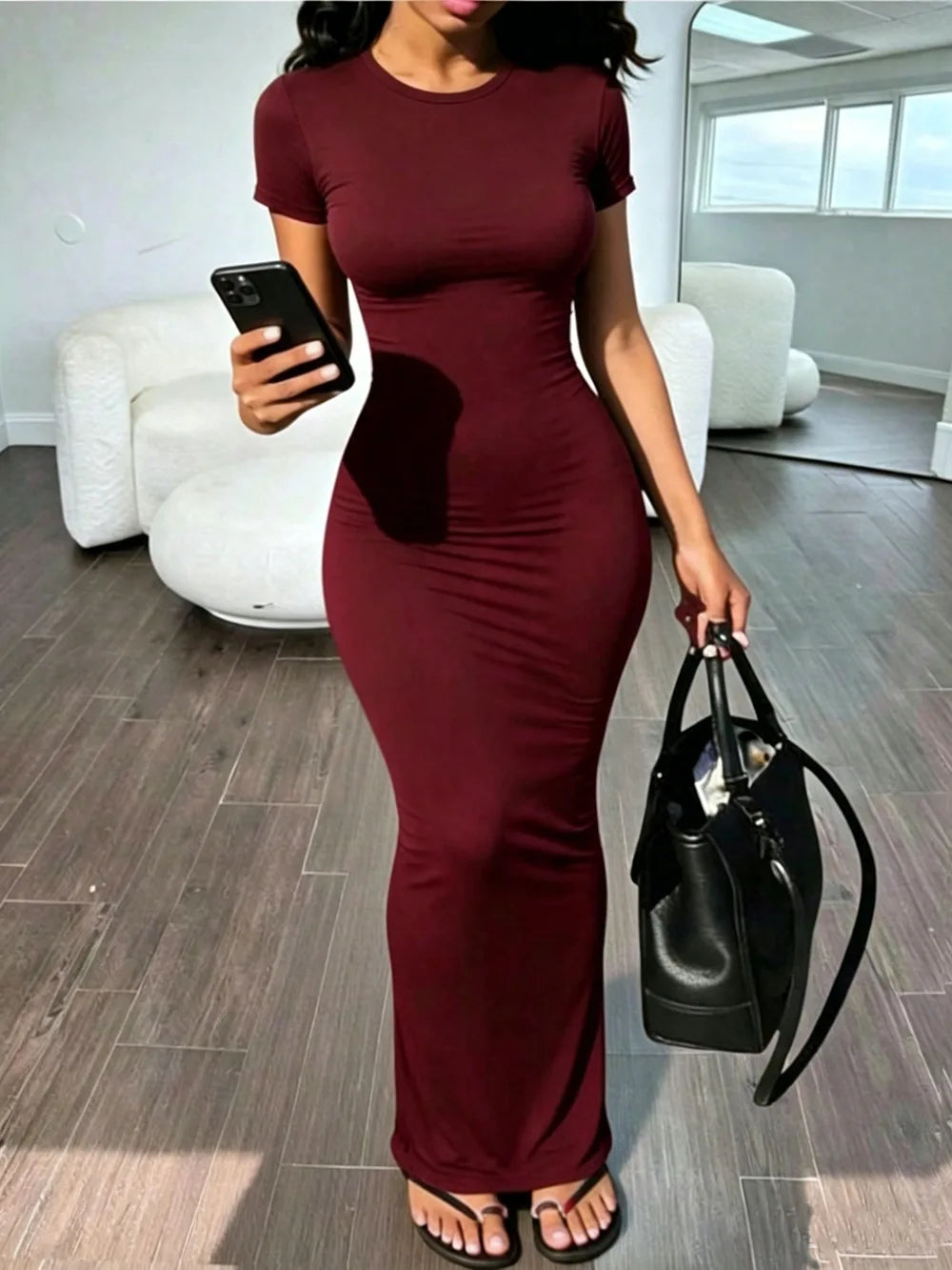 Sexy Skinny Women's Bodycon Party Dress Fashion O-neck Short Sleeve Solid Color Wraped Hip Package Long Dress Female Sexy Dress