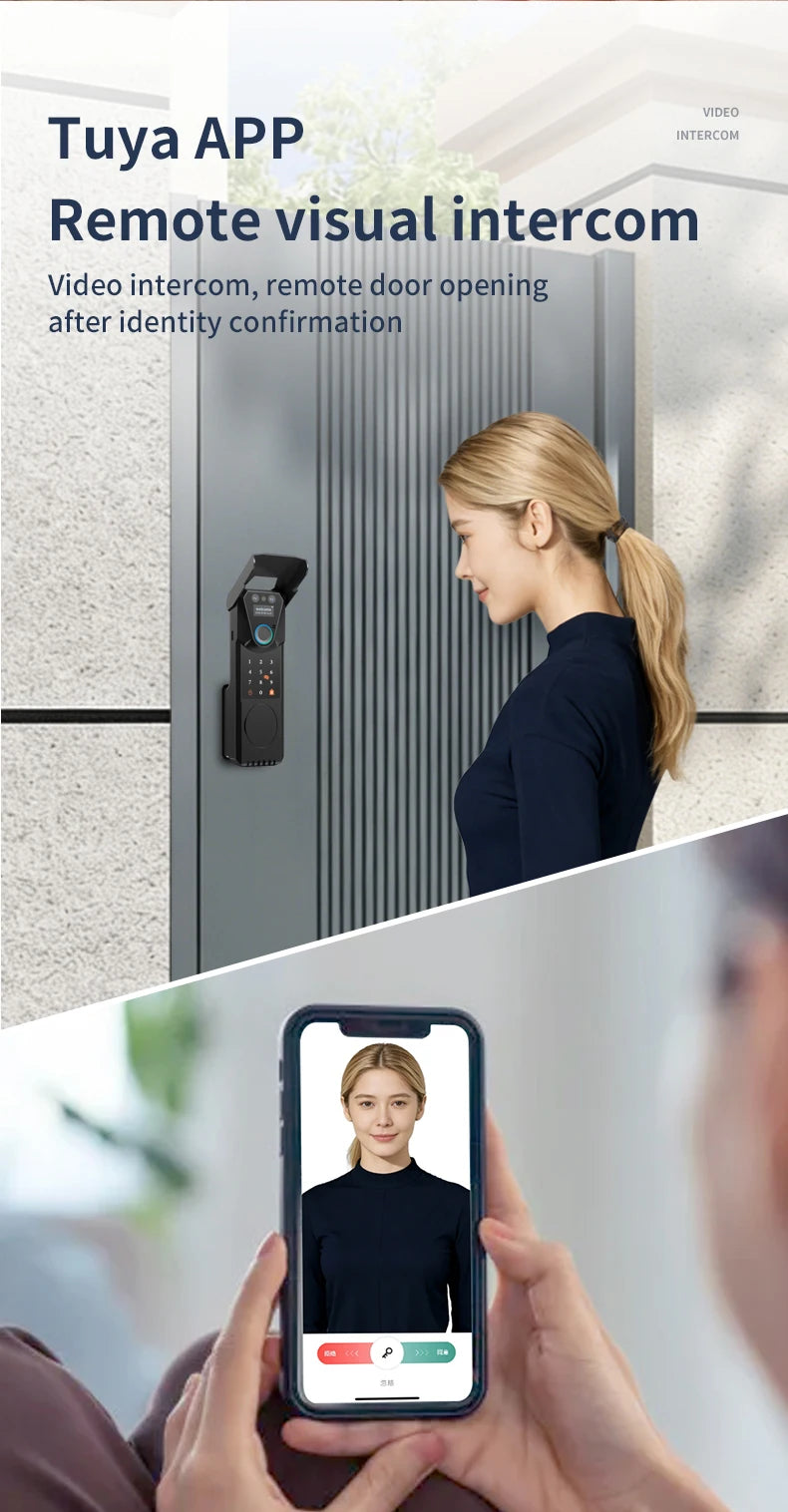 Waterproof Tuya Wifi Smart Lock with 3D Face Recognition Intercom 13 Languages Voice Prompt Display Fingerprint Passcode IC Card