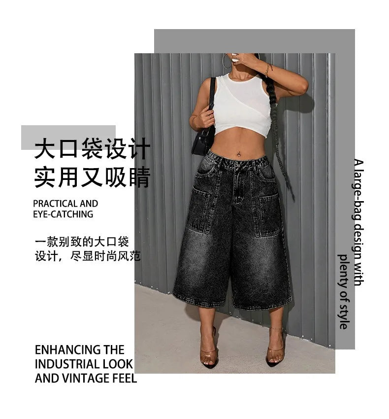 Women's Denim Shorts Mid Waist Wide Leg Faded Wash Multi Pockets Knee Length Loose Fit Vintage Casual Bermuda Jean Culottes