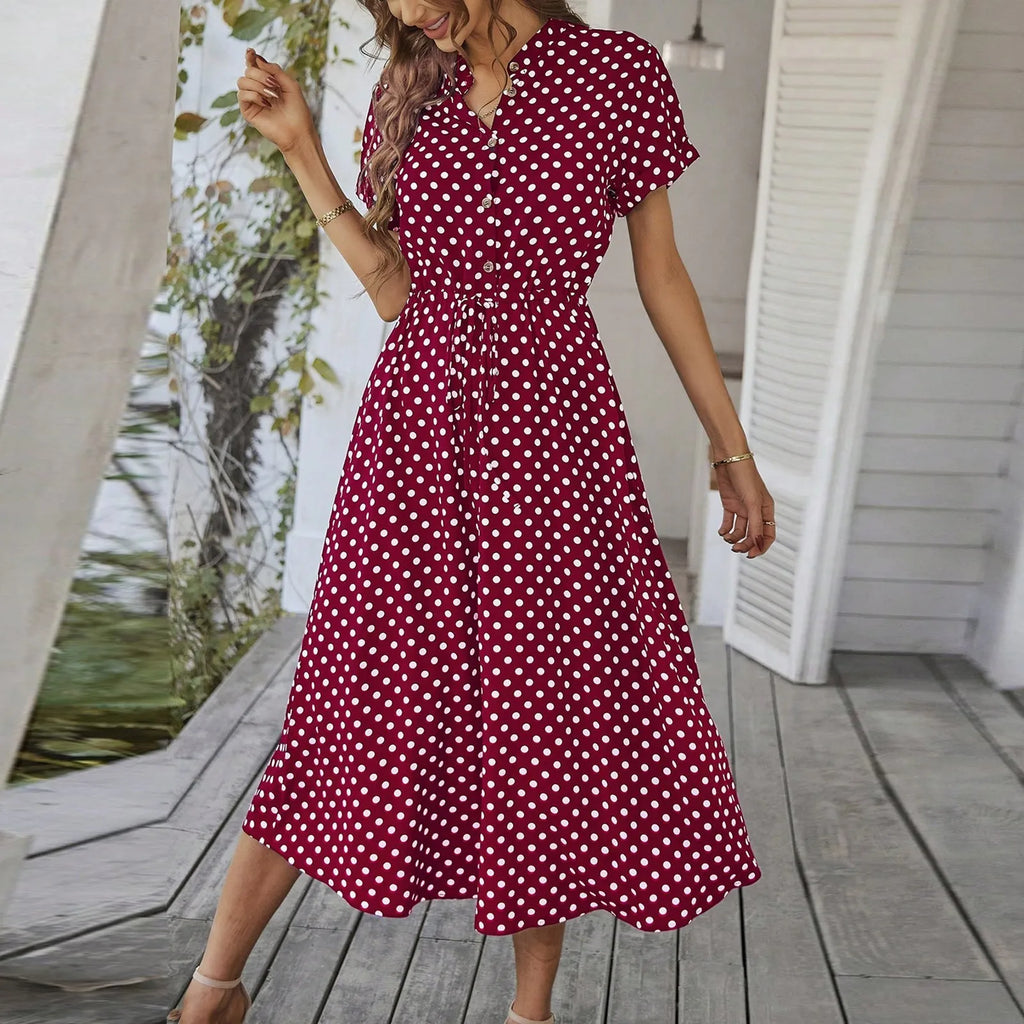 Elegant retro polka dot dress Women's Summer Midi Dress V Neck Single Breasted Short Sleeve Dresses Fashion Print Dress