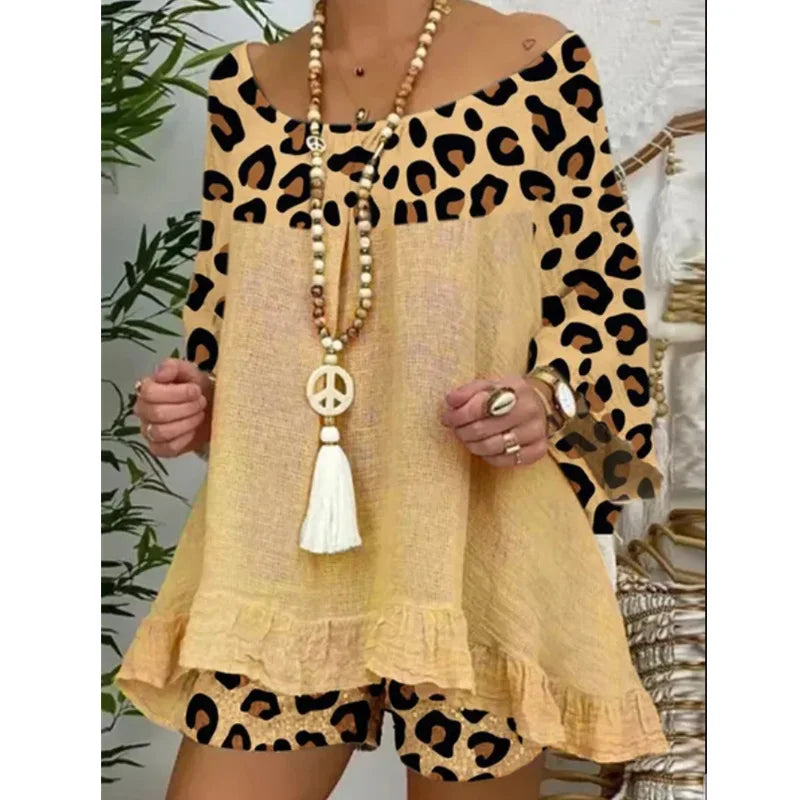 Linen Blouse Tops And Loose Shorts Suit Vintage Two Piece Set Print Sets Female Leopard Patchwork Outfit