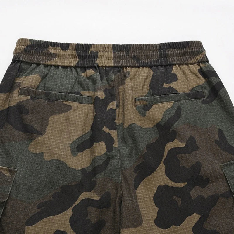 Men's Camouflage Shorts Multi Pocket Zipper Cargo Shorts Streetwear Elastic Drawstring Waist Shorts Male ﻿